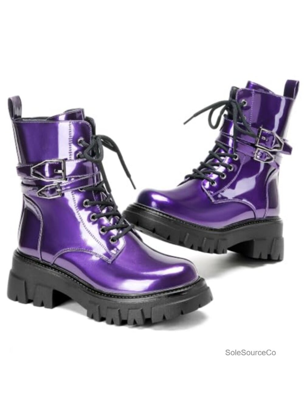 Women's Combat Boots Vegan Leather Ankle Boots with Buckle & Lug Sole